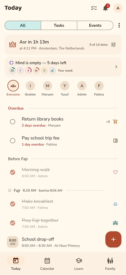 Today: tasks and events arranged around prayer times